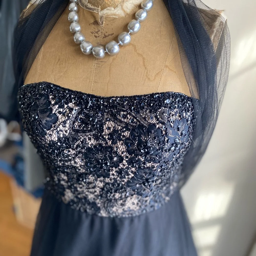 Witchy Goth Black Strapless Beaded Lace Tulle Bridal Gown - Picture 3 of 15